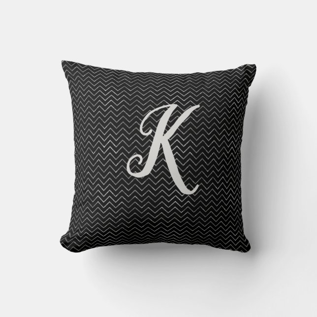Monogram Black and Silver Glitter Chevron Throw Pillow (Front)