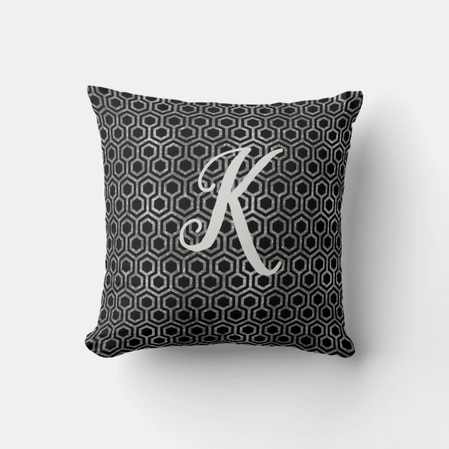 Monogram Black and Silver Glitter Hexagon Throw Pillow (Front)