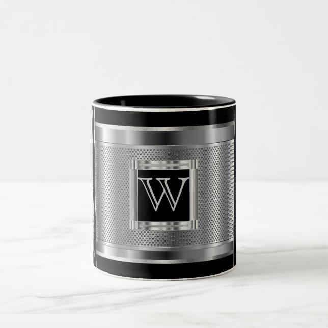 Monogram  Black and Silver Steel Metal Mesh Two-Tone Coffee Mug (Center)