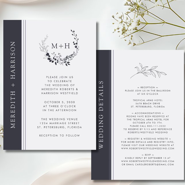 Monogram Black and White All in One Wedding Invitation (Monogram Black and White Inked Botanical All in One Details on Back Wedding Invitation)