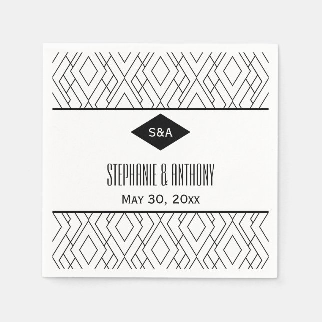 Monogram Black and White Art Deco Wedding Napkin (Front)