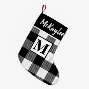 Monogram Black and White Buffalo Plaid Personalize Small Christmas Stocking