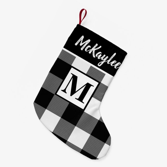 Monogram Black and White Buffalo Plaid Personalize Small Christmas Stocking (Front (Hanging))