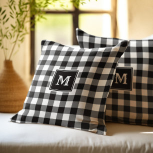 Monogram Black and White Buffalo Plaid Throw Pillow