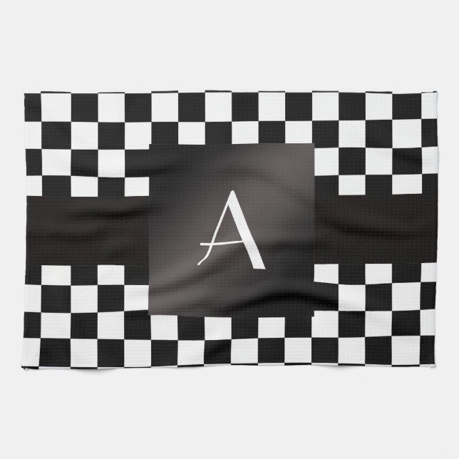 Monogram black and white checkers kitchen towel (Horizontal)