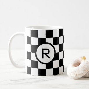 Monogram Black and White Chequered Pattern Coffee Mug