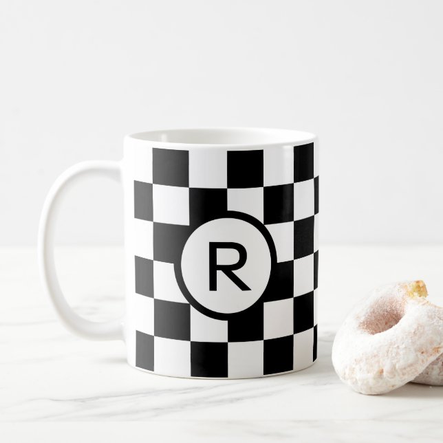 Monogram Black and White Chequered Pattern Coffee Mug (With Donut)