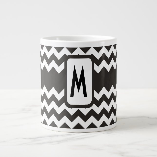 Monogram Black and White Chevrons Large Coffee Mug (Front)