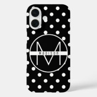 Monogram | Black and White Chic Polka Dot Pattern