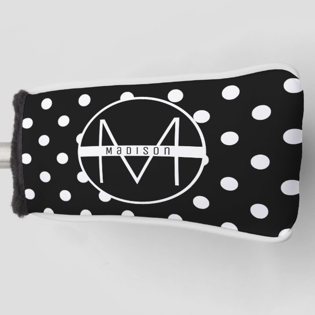 Monogram | Black and White Cute Polka Dot Pattern Golf Head Cover (Front)
