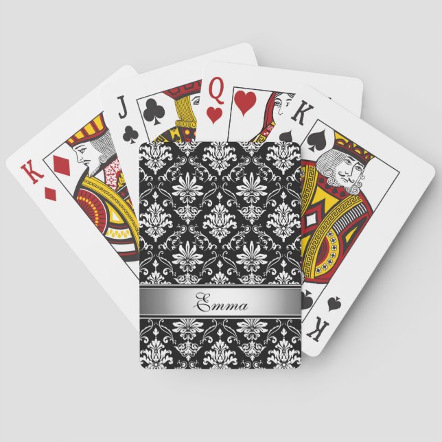 Monogram Black and White Damask Playing Cards (Back)