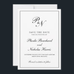 Monogram Black and White Formal Elegant Wedding Save The Date<br><div class="desc">Traditional wedding save the date card in classic black and white featuring a simple design with your two initial monogram and your names in an elegant calligraphy inside of a thin border.  The backside is solid black.  This classy design is perfect for a formal wedding.</div>