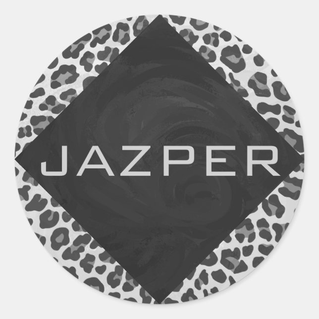 Monogram Black and White Leopard Print Classic Round Sticker (Front)