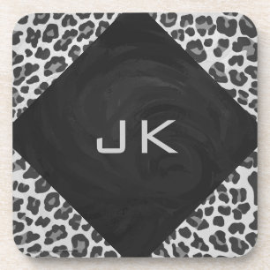 Monogram Black and White Leopard Print Coaster