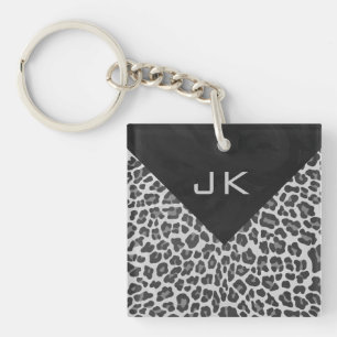 Monogram Black and White Leopard Print Keychain