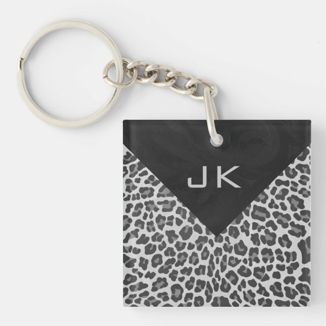 Monogram Black and White Leopard Print Keychain (Front)