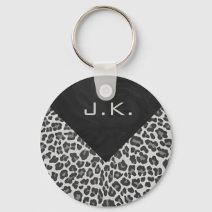 Monogram Black and White Leopard Print Keychain