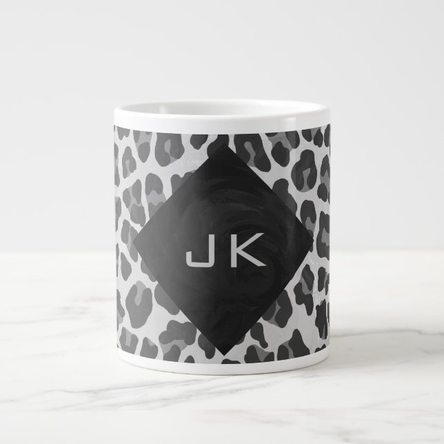 Monogram Black and White Leopard Print Large Coffee Mug (Front)