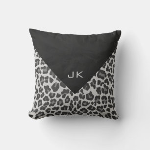 Monogram Black and White Leopard Print Throw Pillow