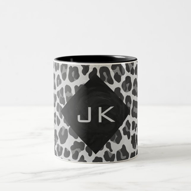 Monogram Black and White Leopard Print Two-Tone Coffee Mug (Center)