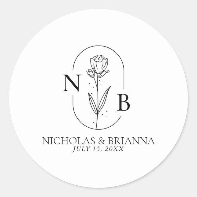Monogram Black and White Minimalist Modern Wedding Classic Round Sticker (Front)
