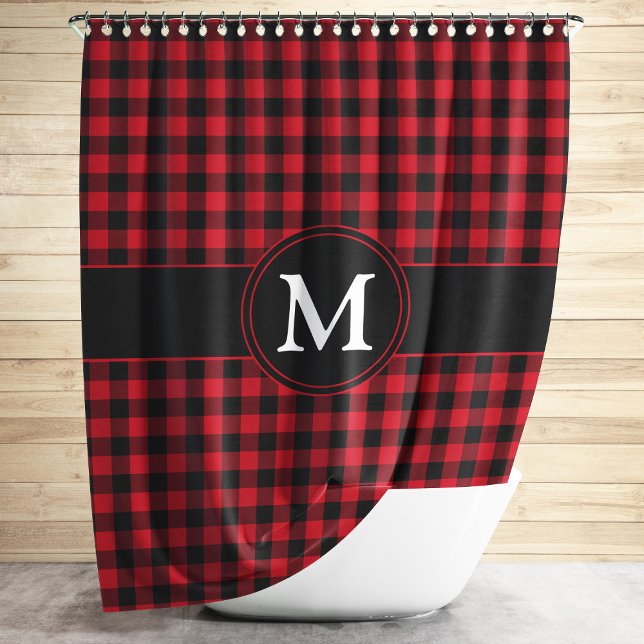 Monogram Black And White Plaid Chequered Pattern (Rustic Monogram Red Plaid Pattern Shower Curtain)