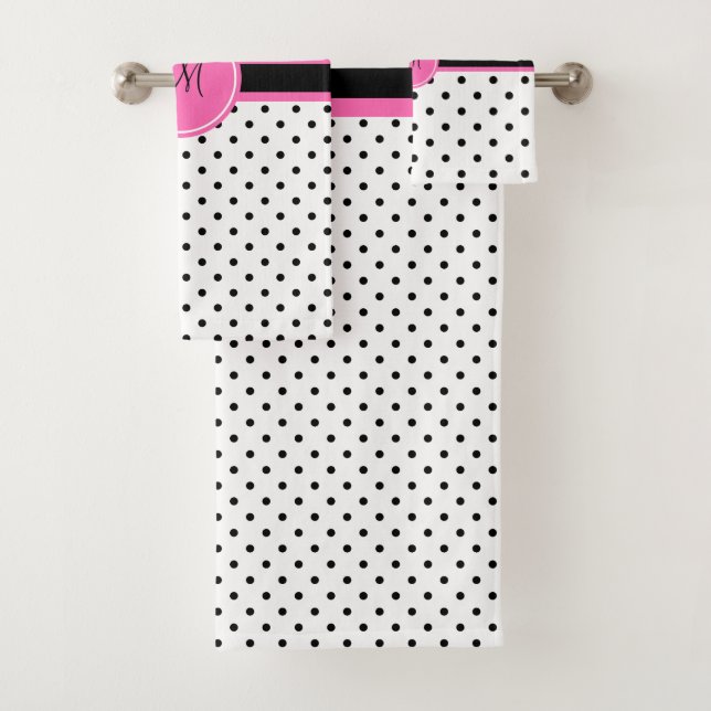 Monogram Black and White Polka Dot with Hot Pink Bath Towel Set (Insitu)