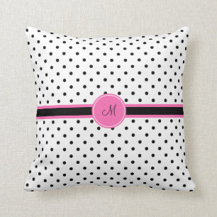 Monogram Black and White Polka Dot with Hot Pink Throw Pillow