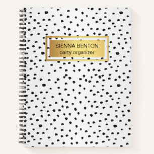 Monogram, black and white polka dots, gold frame notebook