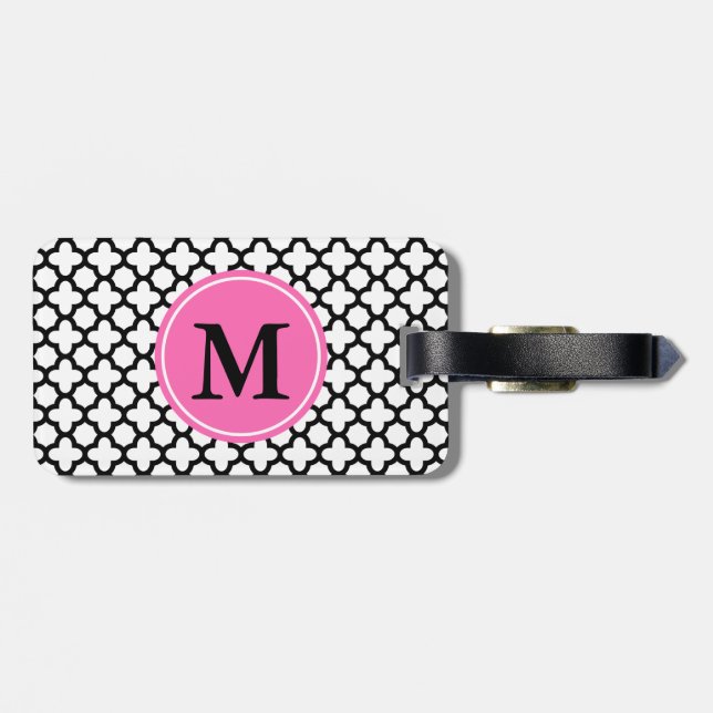 Monogram Black and White Quatrefoil Luggage Tag (Back Horizontal)