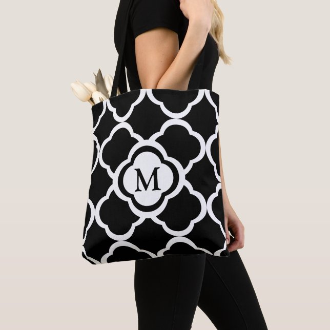 Monogram Black And White Quatrefoil Pattern  Tote Bag (Close Up)