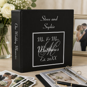 Monogram Black and White Script Wedding Memories Binder