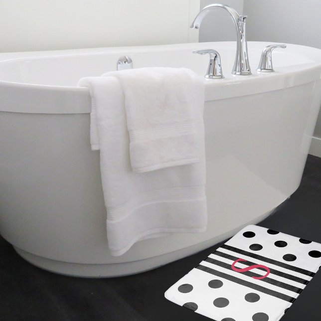 Monogram Black And White Stripe And Polka Dots Bath Mat (Creator Uploaded)