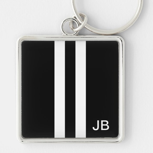 Monogram Black and White Stripe Mens Keychain (Front)