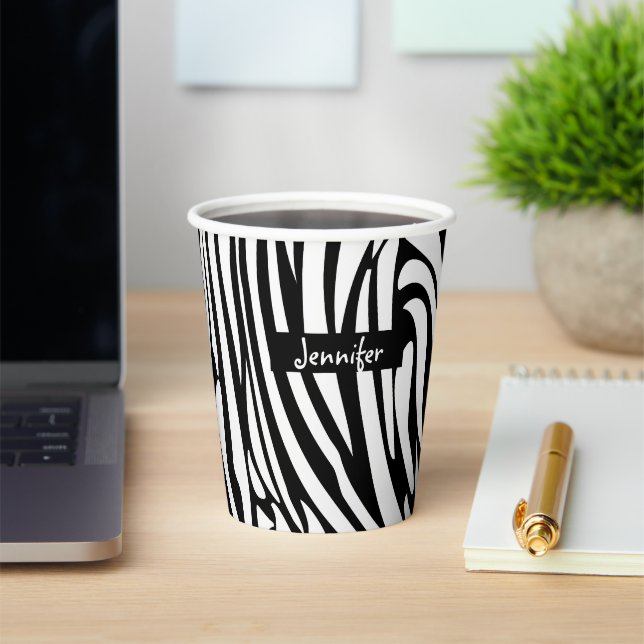 Monogram Black and White Striped Zebra Pattern  Paper Cups (Insitu)