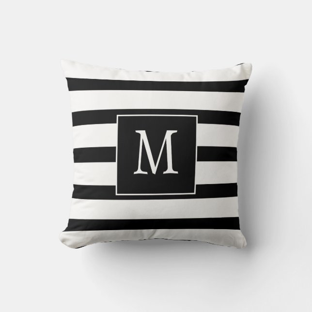 Monogram Black and White Stripes Throw Pillow (Front)