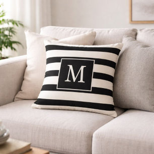 Monogram Black and White Stripes Throw Pillow