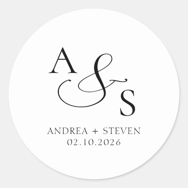 Monogram Black and White Wedding  Classic Round Sticker (Front)