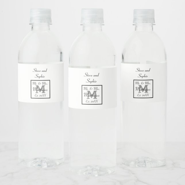Monogram Black and White Wedding Names Water Bottle Label (Bottles)