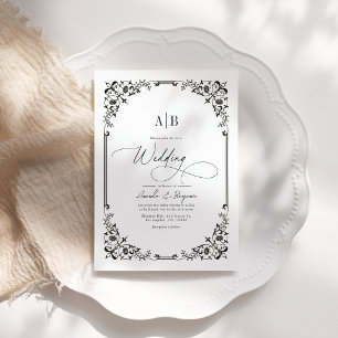 Monogram Black and White Wedding Photo and QR Code Invitation