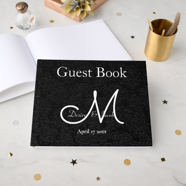 Monogram Black And White Wedding Reception Guest Book (Front Open)
