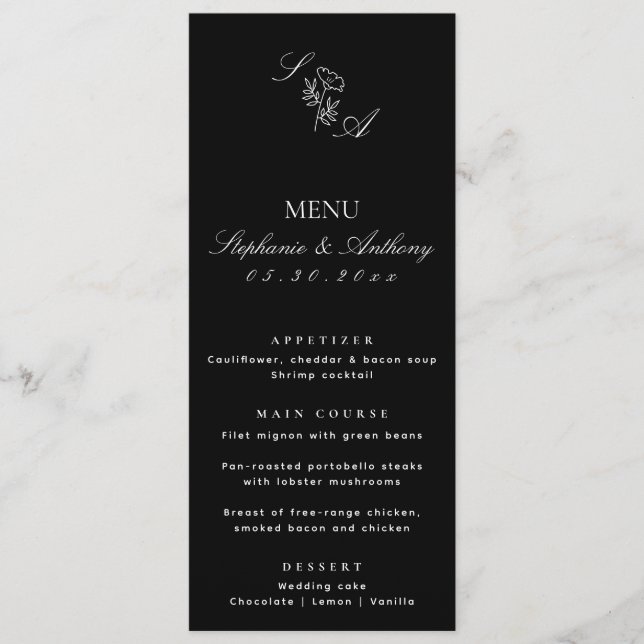 Monogram Black and White Wildflower Wedding Menu (Front)