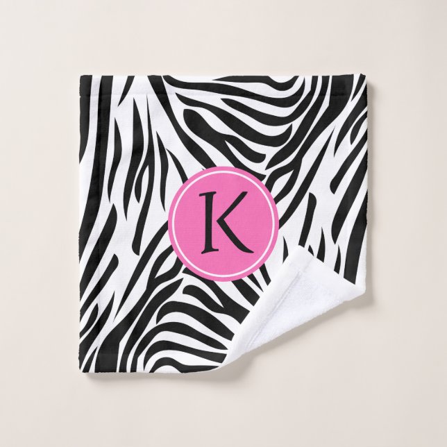 Monogram Black and White Zebra Print with Hot Pink Bath Towel Set (Wash Cloth)