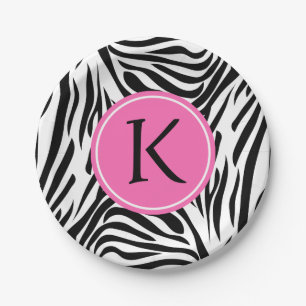 Monogram Black and White Zebra Print with Hot Pink Paper Plate