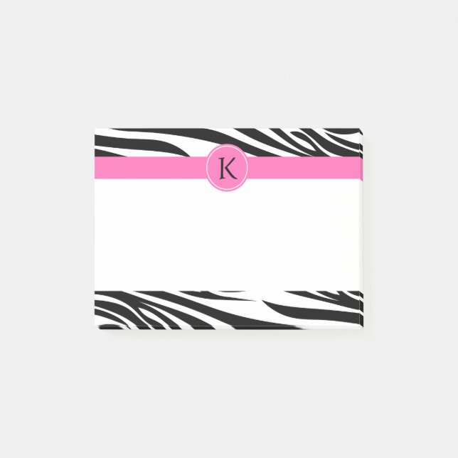 Monogram Black and White Zebra Print with Hot Pink Post-it Notes (Front)