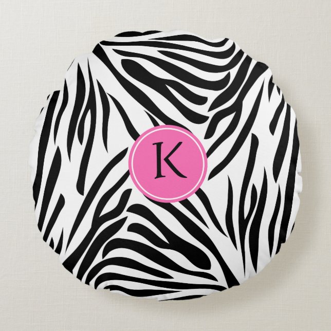 Monogram Black and White Zebra Print with Hot Pink Round Pillow (Front)
