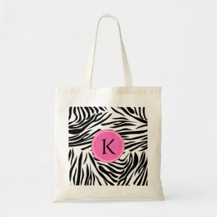 Monogram Black and White Zebra Print with Hot Pink Tote Bag