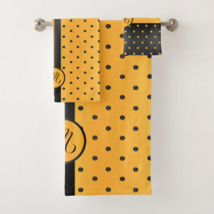 Monogram Black and Yellow Polka Dot Pattern Bath Towel Set