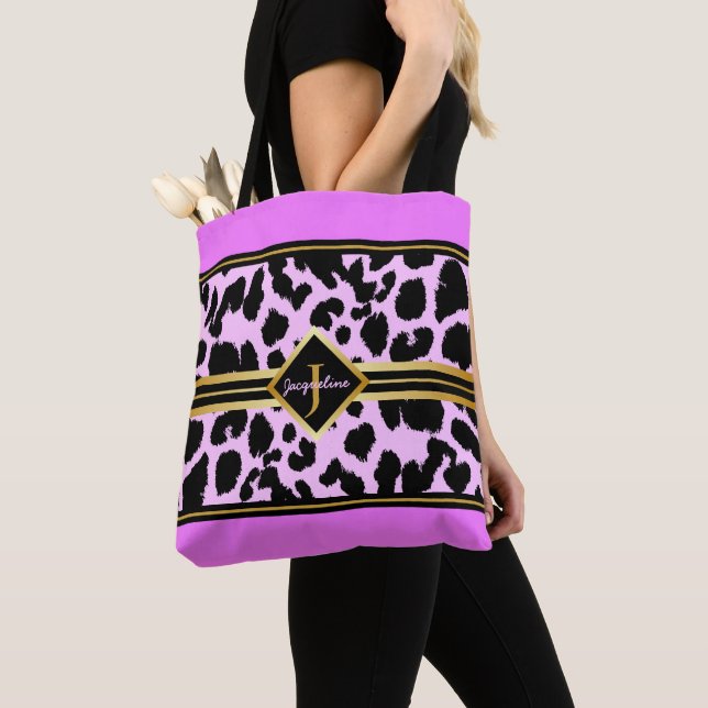 Monogram Black Animal Print Faux Gold on PINK Tote Bag (Close Up)