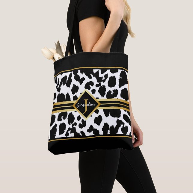 Monogram Black Animal Print Faux Gold on White Tote Bag (Close Up)